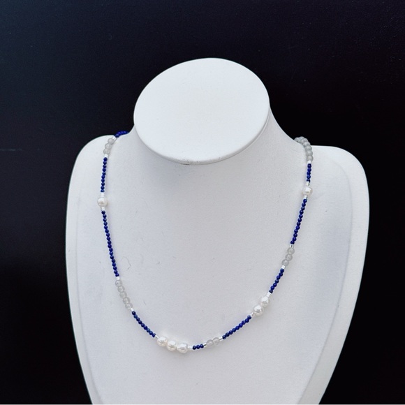 X694 Handmade Freshwater Pearl Lapis Labradorite Dainty Necklace - Picture 10 of 11